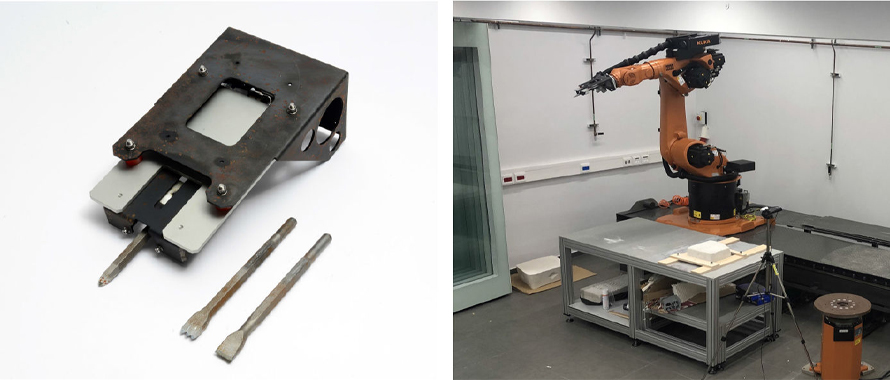 The toolkit: (left) a custom multi-tool end effector; (right) the robotic cell - including a KUKA KR60 robotic arm mounted on a KL1000-2 linear rail, an XY positioning table, and peripheral cameras.