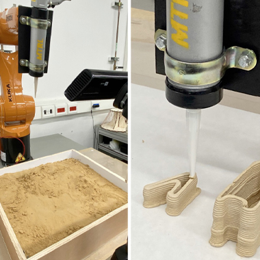 Robotic cell for 3D printing and sand forming. The setup includes
a KUKA KR6, a custom extruder, and a Kinect sensor.