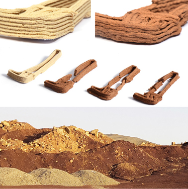 Various soils at the explored site in the Ramon Crater, Negev
Desert, Israel, and the results of two 3D printing mixtures.