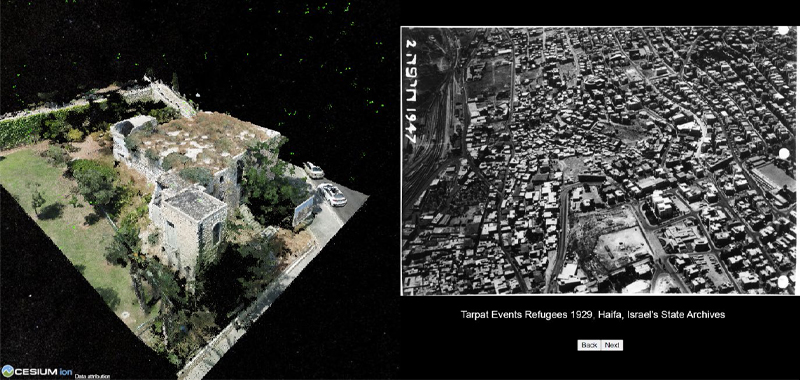 A split screen rendering, on the right hand, a point cloud model of the structure, and on the left, an Aerial photograph of Haifa, 1947, British Collection, Israel State Archive.